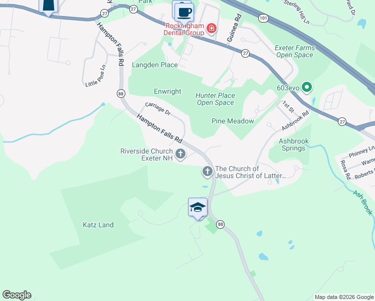 map of restaurants, bars, coffee shops, grocery stores, and more near 47 Hampton Falls Road in Exeter