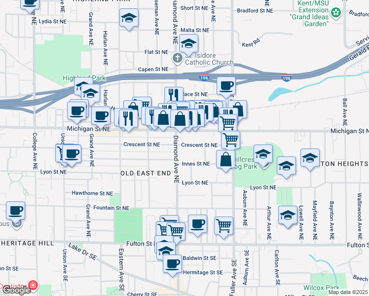 map of restaurants, bars, coffee shops, grocery stores, and more near 1014 Crescent Street Northeast in Grand Rapids
