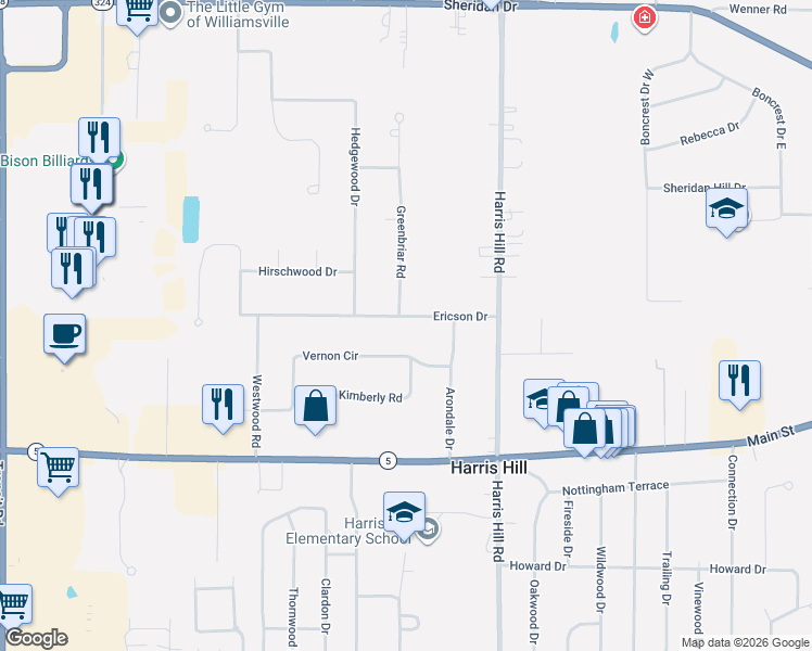 map of restaurants, bars, coffee shops, grocery stores, and more near 8401 Ericson Drive in Buffalo