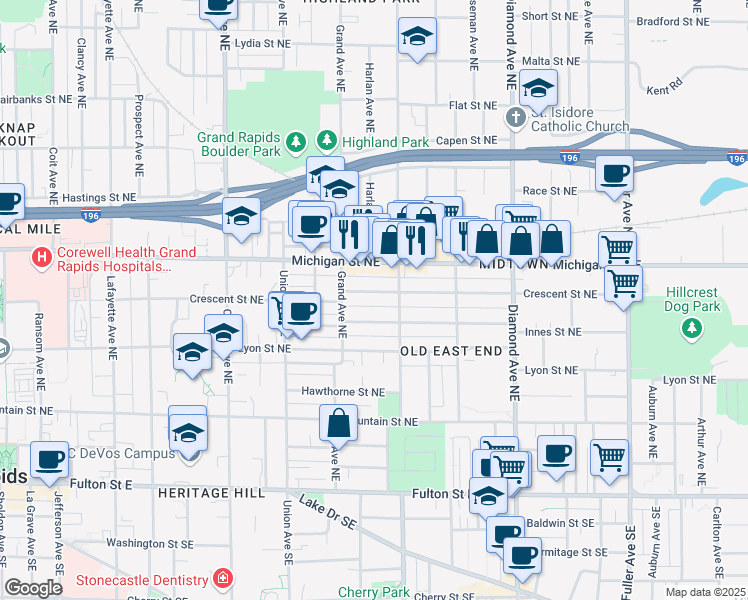 map of restaurants, bars, coffee shops, grocery stores, and more near 732 Crescent Street Northeast in Grand Rapids