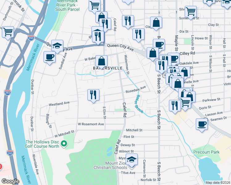 map of restaurants, bars, coffee shops, grocery stores, and more near 60 Rosedale Avenue in Manchester