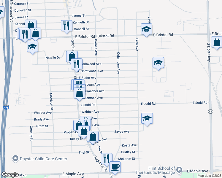 map of restaurants, bars, coffee shops, grocery stores, and more near 2147 E Schumacher St in Burton
