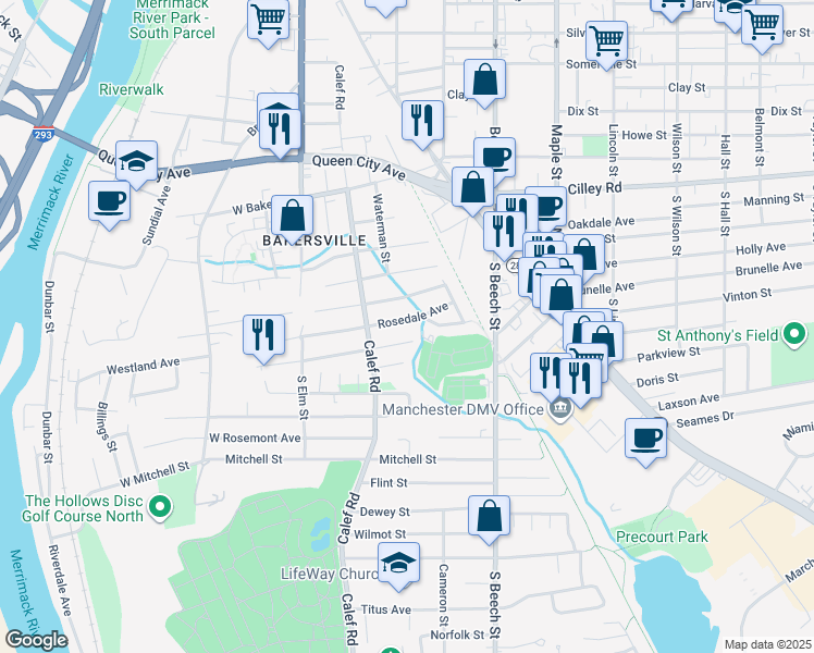 map of restaurants, bars, coffee shops, grocery stores, and more near 175 Rosedale Avenue in Manchester