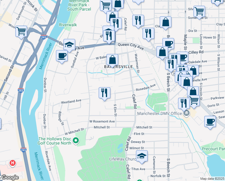 map of restaurants, bars, coffee shops, grocery stores, and more near 206 South Elm Street in Manchester