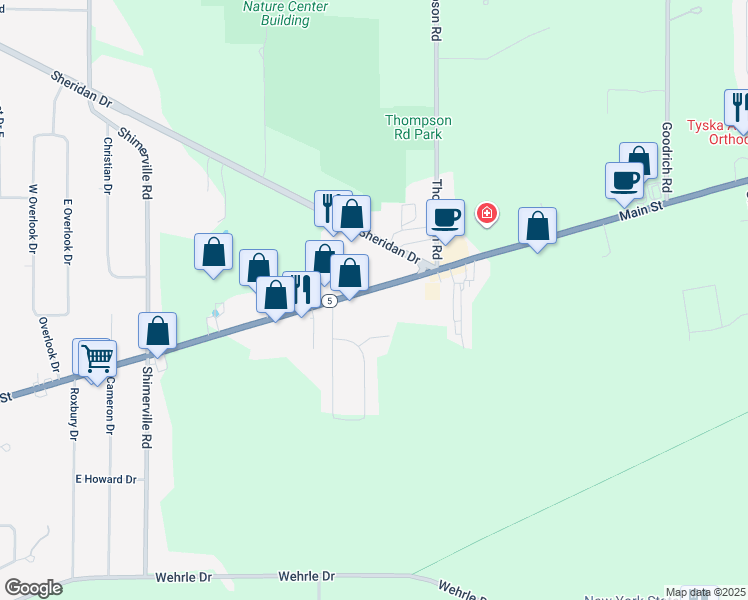 map of restaurants, bars, coffee shops, grocery stores, and more near 9159 Main Street in Clarence