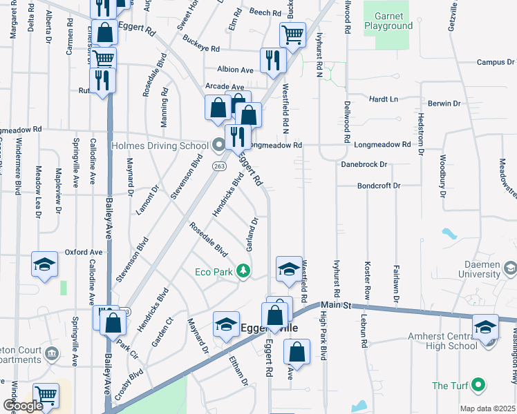 map of restaurants, bars, coffee shops, grocery stores, and more near 1492 Eggert Road in Buffalo
