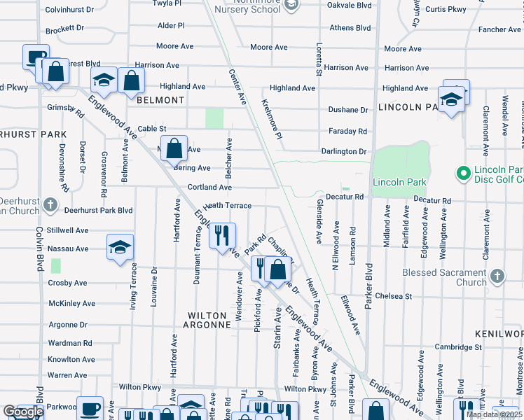 map of restaurants, bars, coffee shops, grocery stores, and more near 119 Chaplin Drive in Buffalo