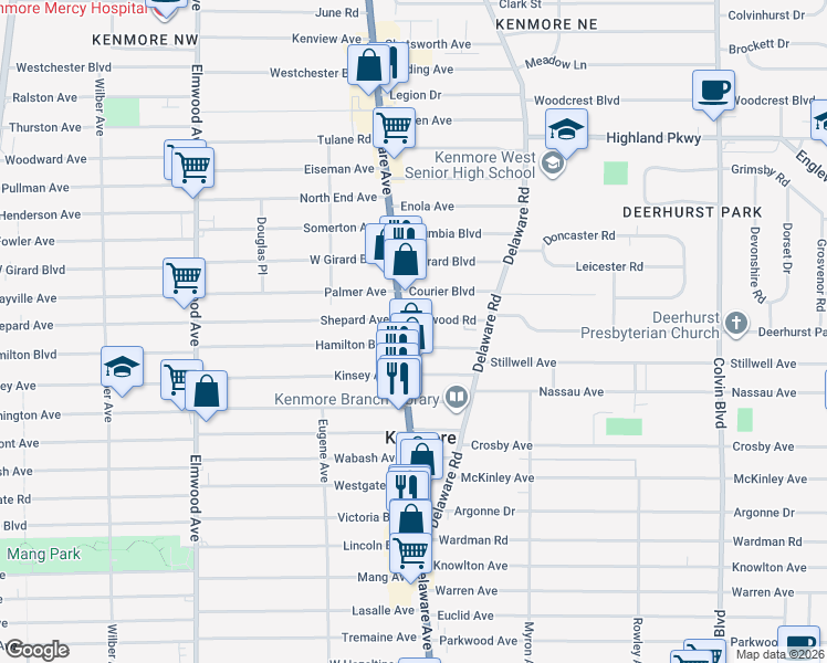 map of restaurants, bars, coffee shops, grocery stores, and more near 17 Delwood Road in Buffalo