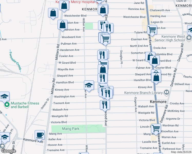 map of restaurants, bars, coffee shops, grocery stores, and more near 252 Shepard Avenue in Buffalo