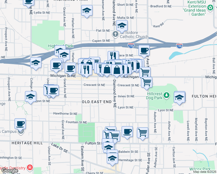 map of restaurants, bars, coffee shops, grocery stores, and more near 936 Crescent Street Northeast in Grand Rapids