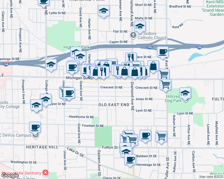 map of restaurants, bars, coffee shops, grocery stores, and more near 900 Crescent Street Northeast in Grand Rapids