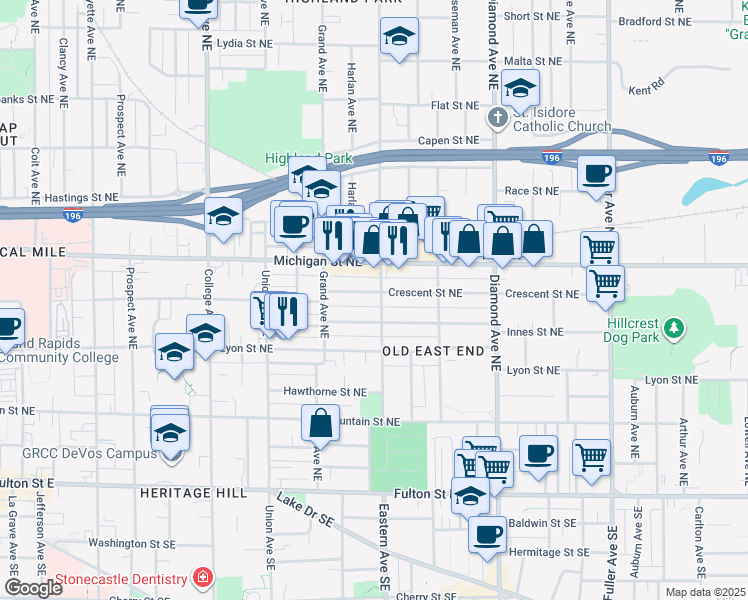 map of restaurants, bars, coffee shops, grocery stores, and more near 748 Crescent Street Northeast in Grand Rapids