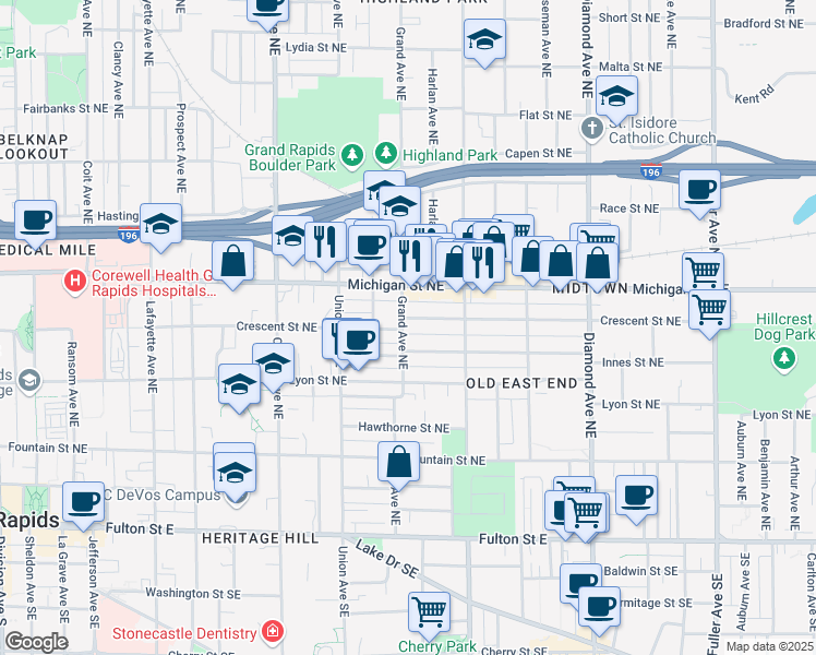 map of restaurants, bars, coffee shops, grocery stores, and more near 714 Crescent Street Northeast in Grand Rapids