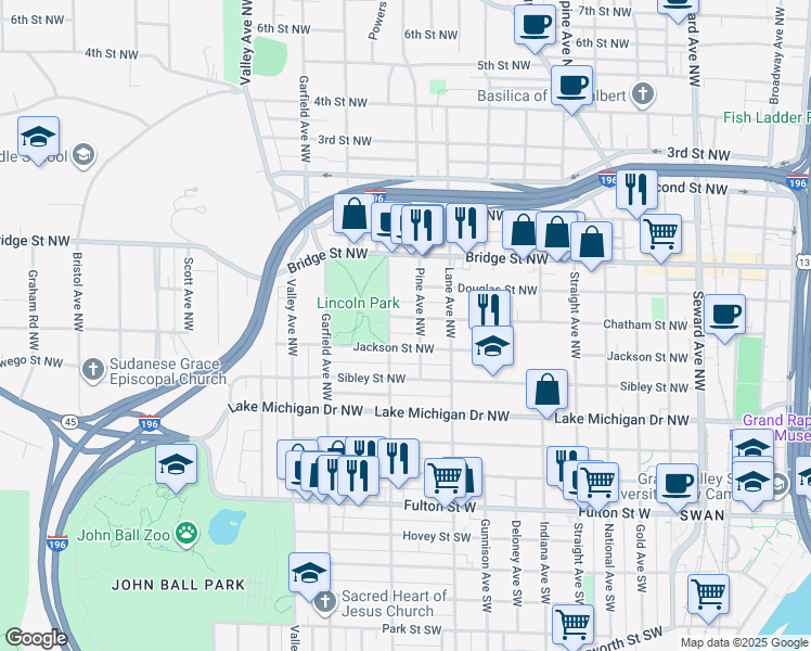 map of restaurants, bars, coffee shops, grocery stores, and more near 256 Marion Avenue Northwest in Grand Rapids