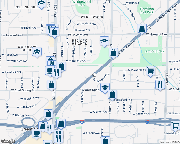 map of restaurants, bars, coffee shops, grocery stores, and more near 7100 West Forest Home Avenue in Greenfield