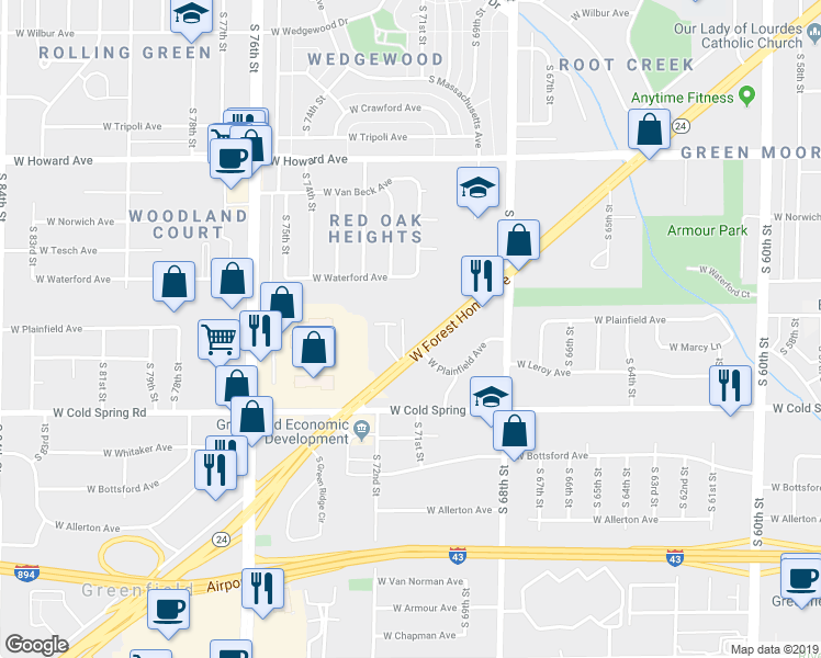 map of restaurants, bars, coffee shops, grocery stores, and more near 7100 West Forest Home Avenue in Greenfield