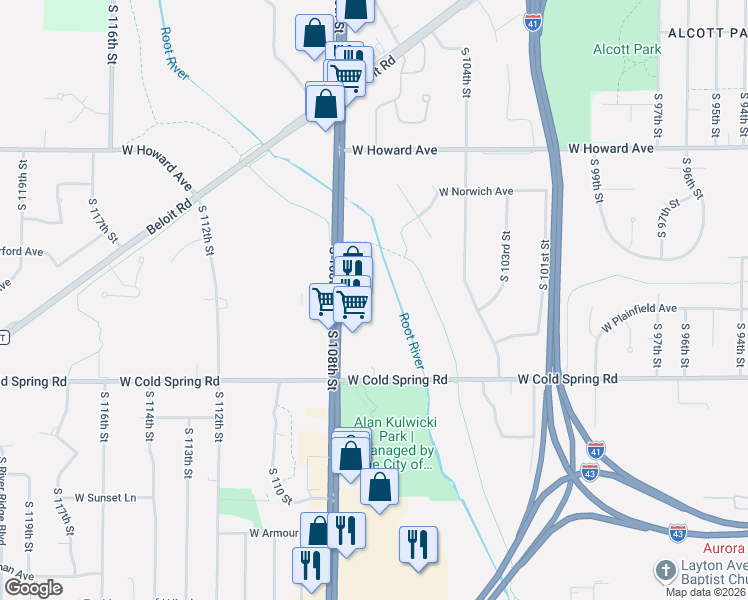 map of restaurants, bars, coffee shops, grocery stores, and more near 8650 West Forest Home Avenue in Greenfield