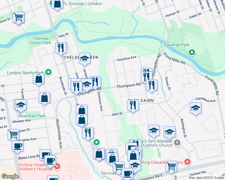 map of restaurants, bars, coffee shops, grocery stores, and more near 325 Thompson Road in London