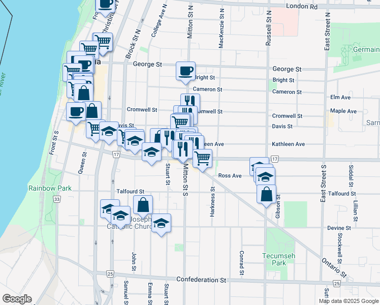 map of restaurants, bars, coffee shops, grocery stores, and more near 350 Wellington Street in Sarnia