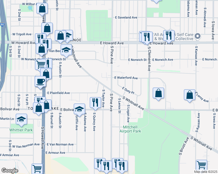 map of restaurants, bars, coffee shops, grocery stores, and more near 4150 South Whitnall Avenue in Milwaukee