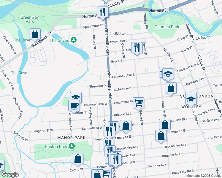 map of restaurants, bars, coffee shops, grocery stores, and more near 260 Wharncliffe Road South in London