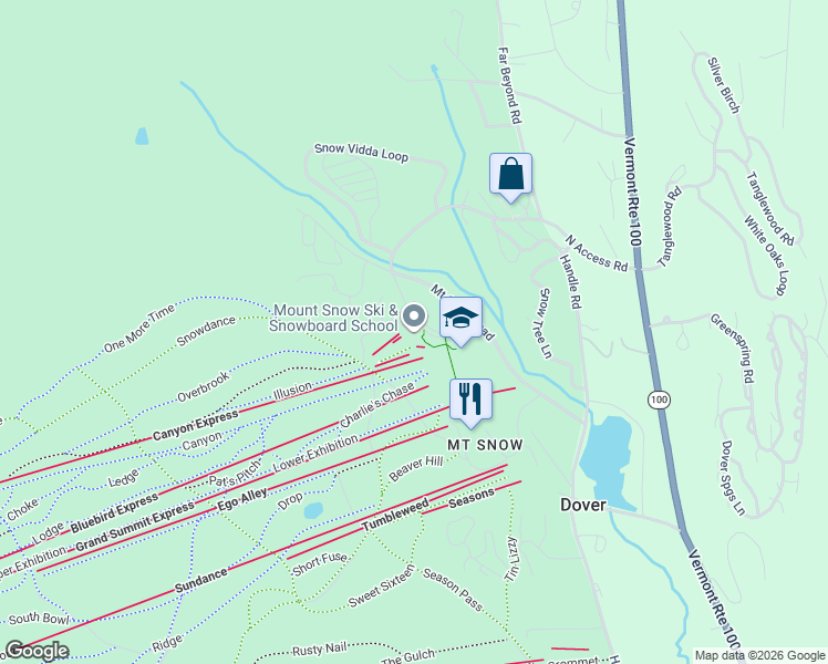 map of restaurants, bars, coffee shops, grocery stores, and more near 33 Mount Snow Road in Dover