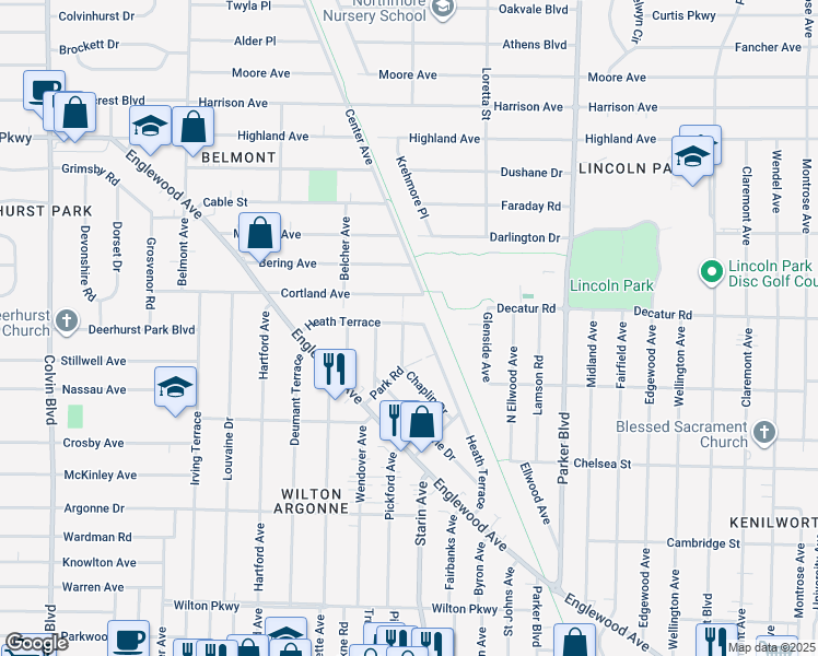 map of restaurants, bars, coffee shops, grocery stores, and more near 119 Chaplin Drive in Buffalo