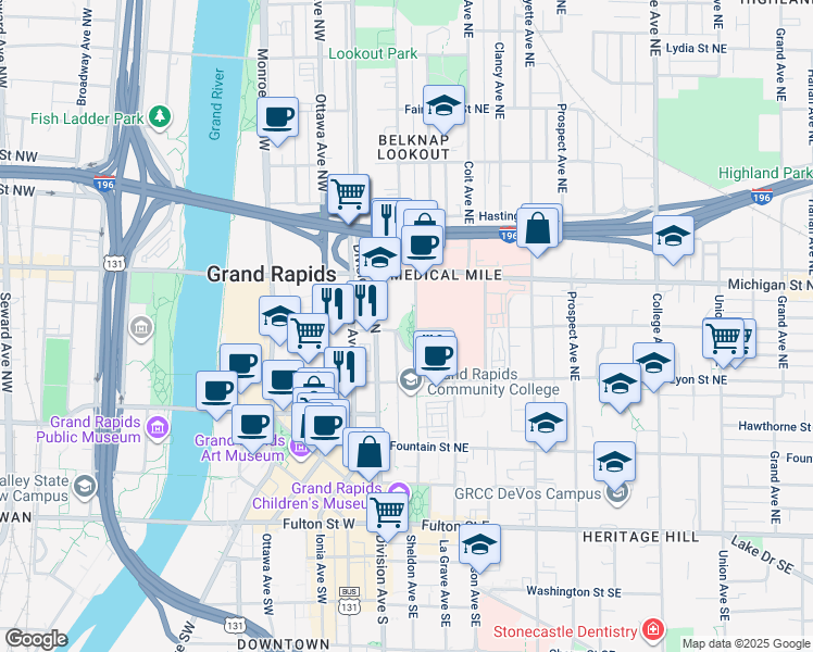 map of restaurants, bars, coffee shops, grocery stores, and more near 301 Bostwick Avenue Northeast in Grand Rapids