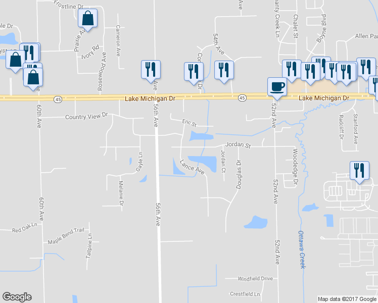 map of restaurants, bars, coffee shops, grocery stores, and more near 5494 Jordan Street in Allendale Charter Township