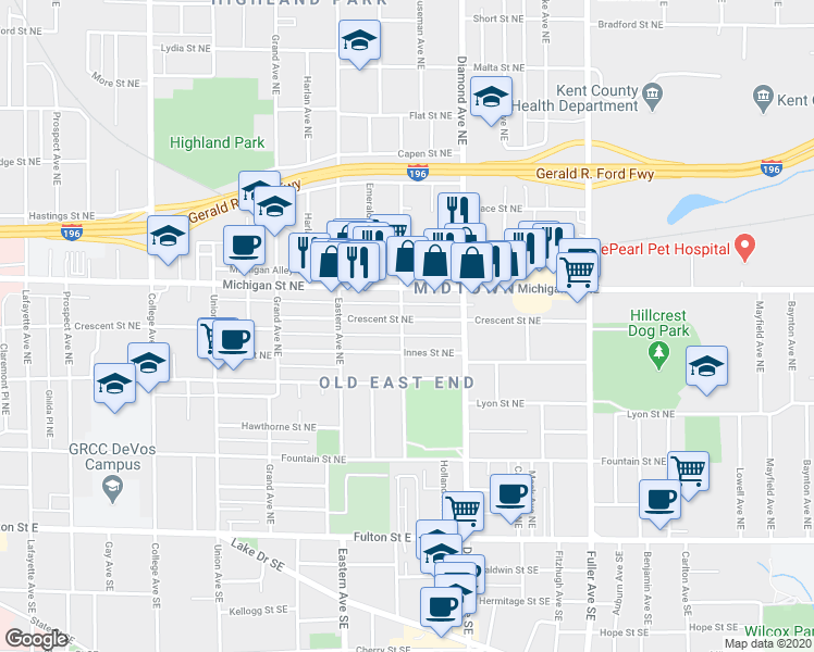 map of restaurants, bars, coffee shops, grocery stores, and more near 900 Crescent Street Northeast in Grand Rapids