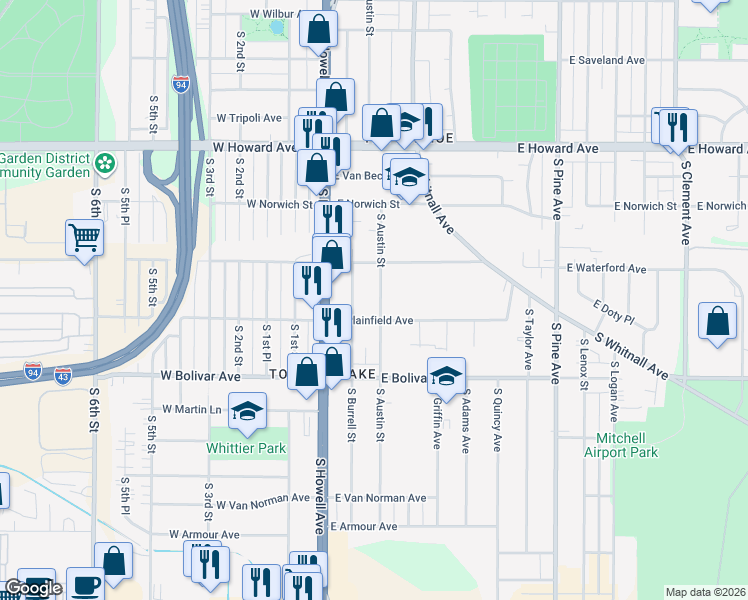 map of restaurants, bars, coffee shops, grocery stores, and more near 4151 South Austin Street in Milwaukee