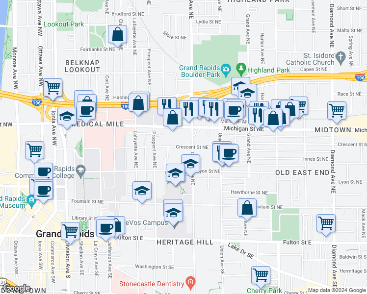 map of restaurants, bars, coffee shops, grocery stores, and more near 465 Crescent Street Northeast in Grand Rapids