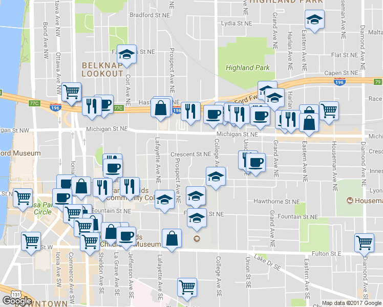 map of restaurants, bars, coffee shops, grocery stores, and more near Crescent Street Northeast & Oakley Place Northeast in Grand Rapids