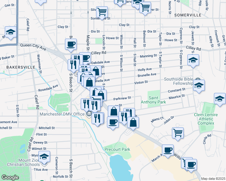 map of restaurants, bars, coffee shops, grocery stores, and more near 28 Boisvert Street in Manchester
