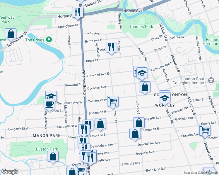 map of restaurants, bars, coffee shops, grocery stores, and more near 67 Duchess Avenue in London