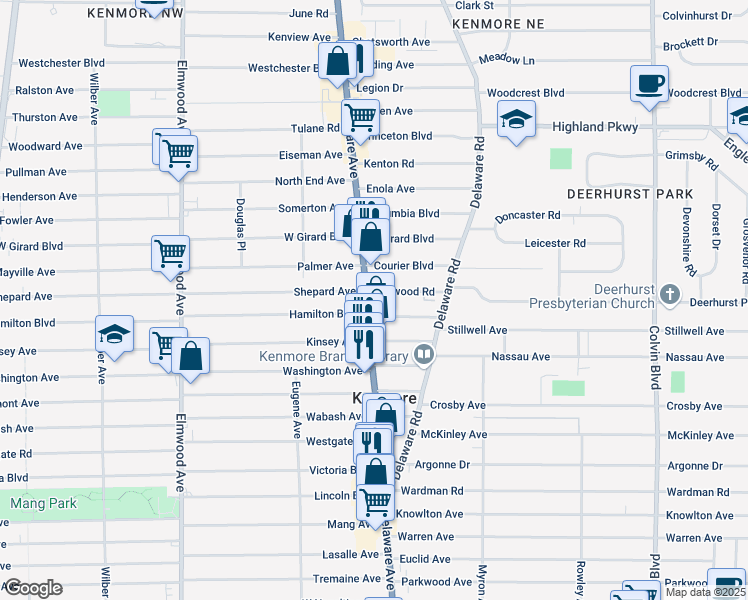 map of restaurants, bars, coffee shops, grocery stores, and more near 17 Delwood Road in Buffalo