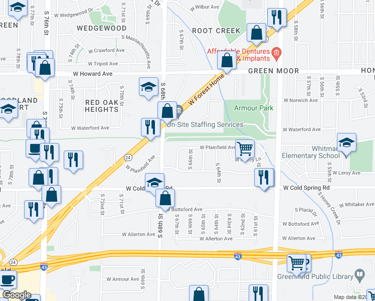map of restaurants, bars, coffee shops, grocery stores, and more near 6609 West Plainfield Avenue in Greenfield