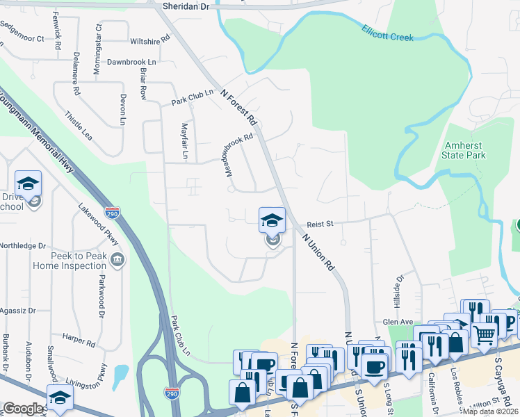 map of restaurants, bars, coffee shops, grocery stores, and more near 214 Village Park Drive in Buffalo