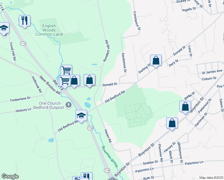 map of restaurants, bars, coffee shops, grocery stores, and more near 480 Donald Street in Bedford