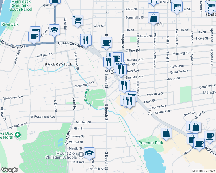 map of restaurants, bars, coffee shops, grocery stores, and more near 211 South Beech Street in Manchester