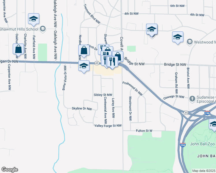 map of restaurants, bars, coffee shops, grocery stores, and more near 2055 Centennial Court Northwest in Grand Rapids