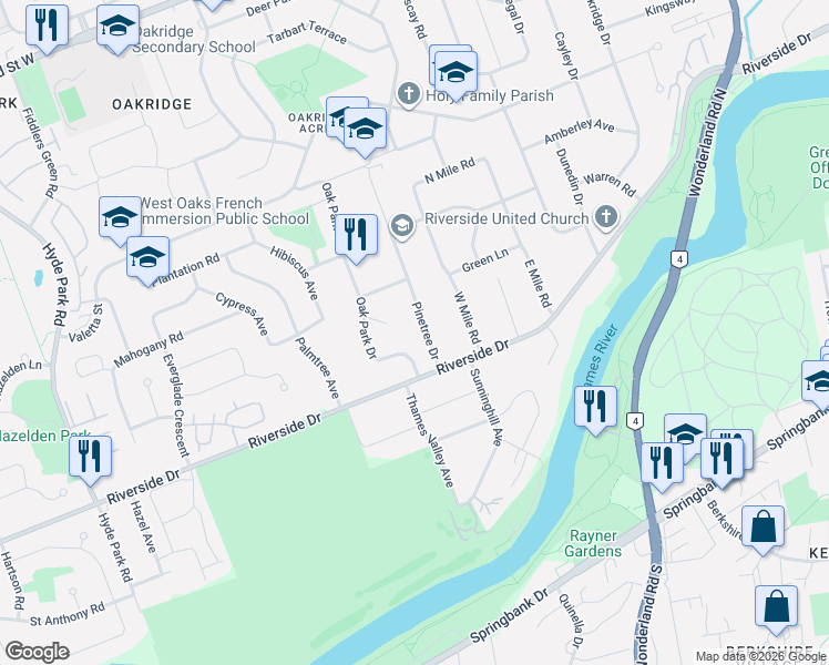 map of restaurants, bars, coffee shops, grocery stores, and more near 426 Pinetree Drive in London