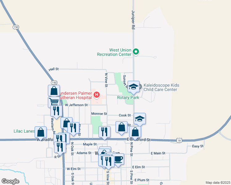 map of restaurants, bars, coffee shops, grocery stores, and more near 103 Lincoln Drive in West Union