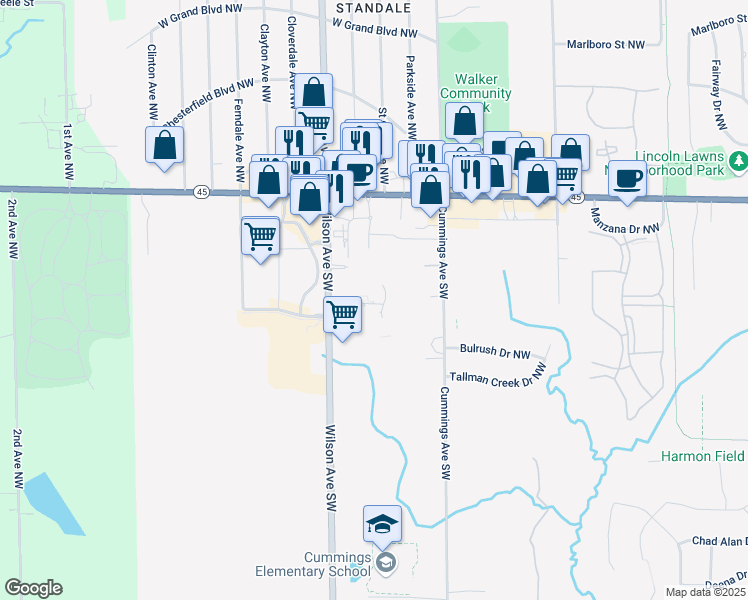 map of restaurants, bars, coffee shops, grocery stores, and more near 217 Westown Drive NorthWest in Grand Rapids