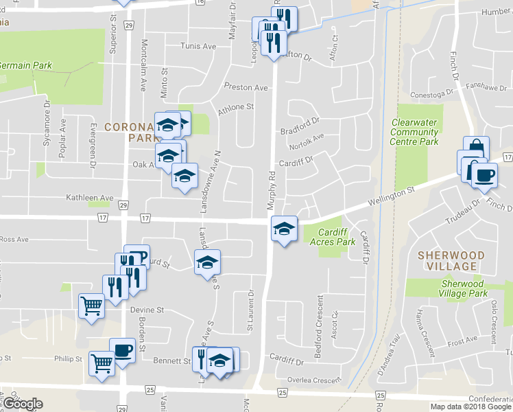 map of restaurants, bars, coffee shops, grocery stores, and more near 20 Vimy Crescent in Sarnia