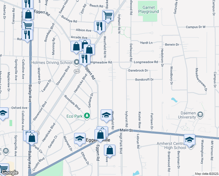 map of restaurants, bars, coffee shops, grocery stores, and more near 172 Westfield Road in Buffalo