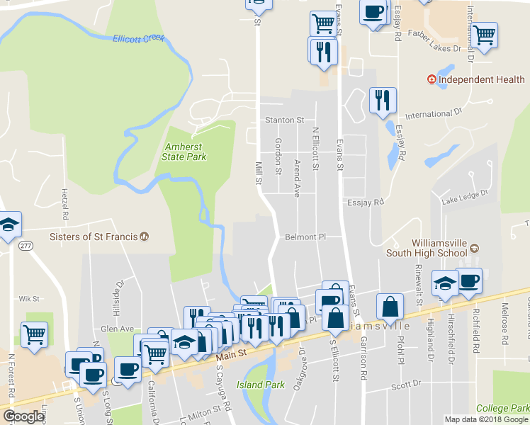 map of restaurants, bars, coffee shops, grocery stores, and more near 212 Mill Street in Buffalo