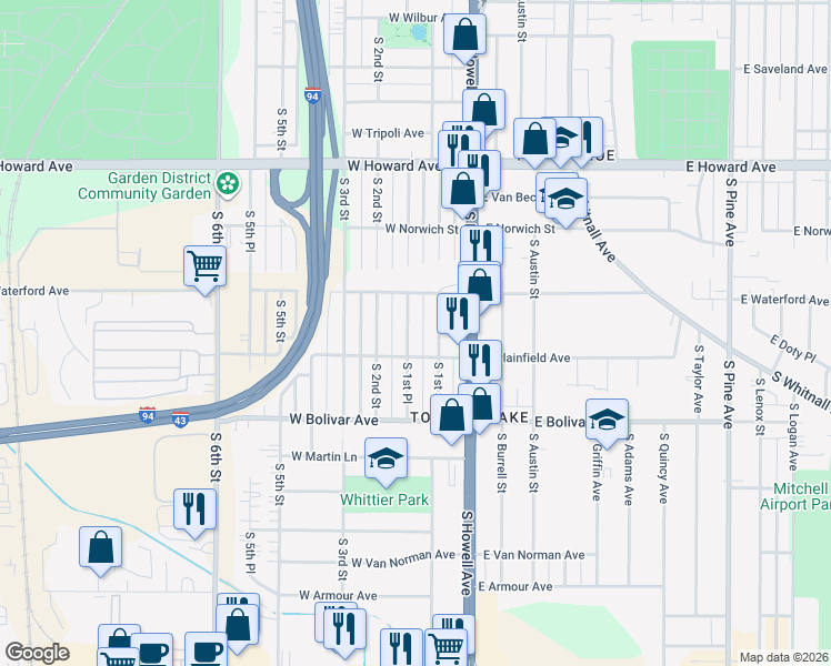 map of restaurants, bars, coffee shops, grocery stores, and more near 4150 South 1st Place in Milwaukee