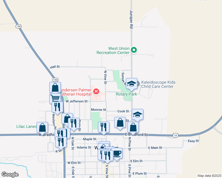 map of restaurants, bars, coffee shops, grocery stores, and more near 103 Lincoln Drive in West Union