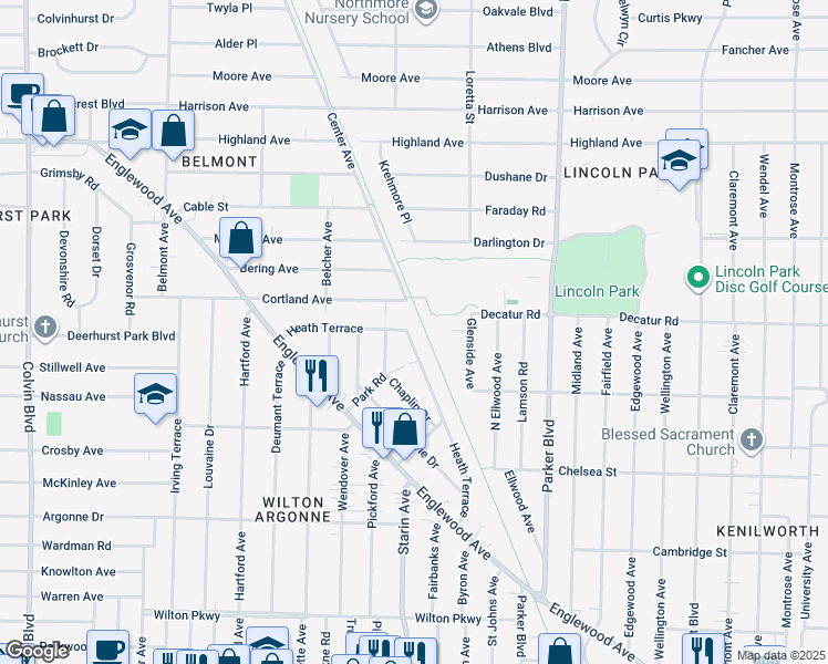 map of restaurants, bars, coffee shops, grocery stores, and more near 211 Heath Terrace in Buffalo
